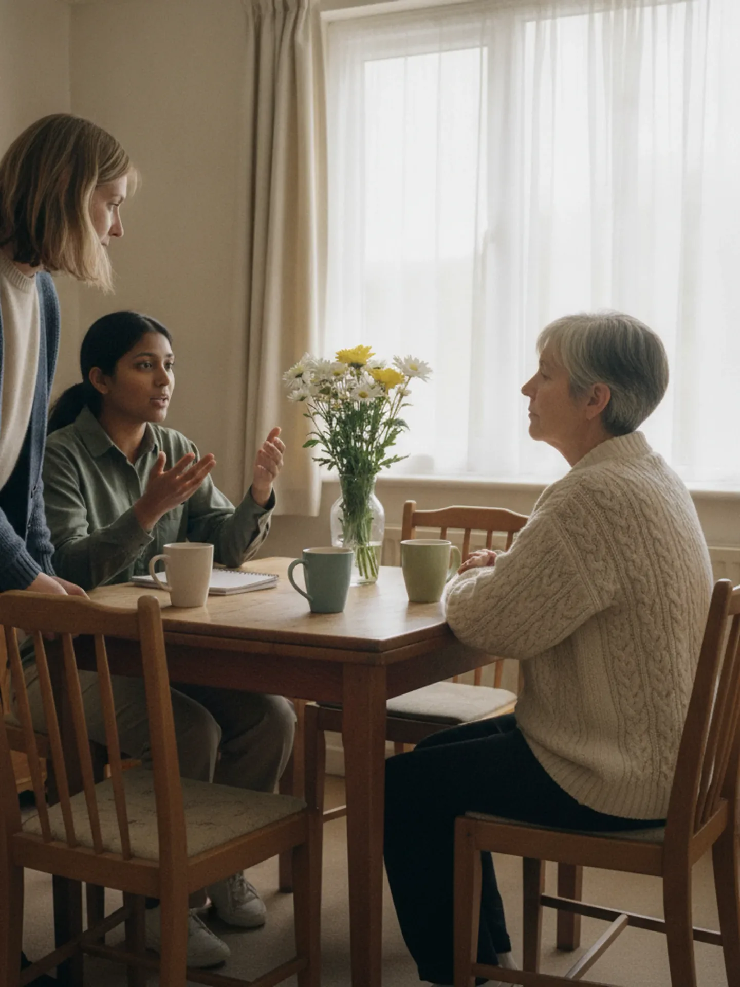A care team member talking with an older woman at a dining table