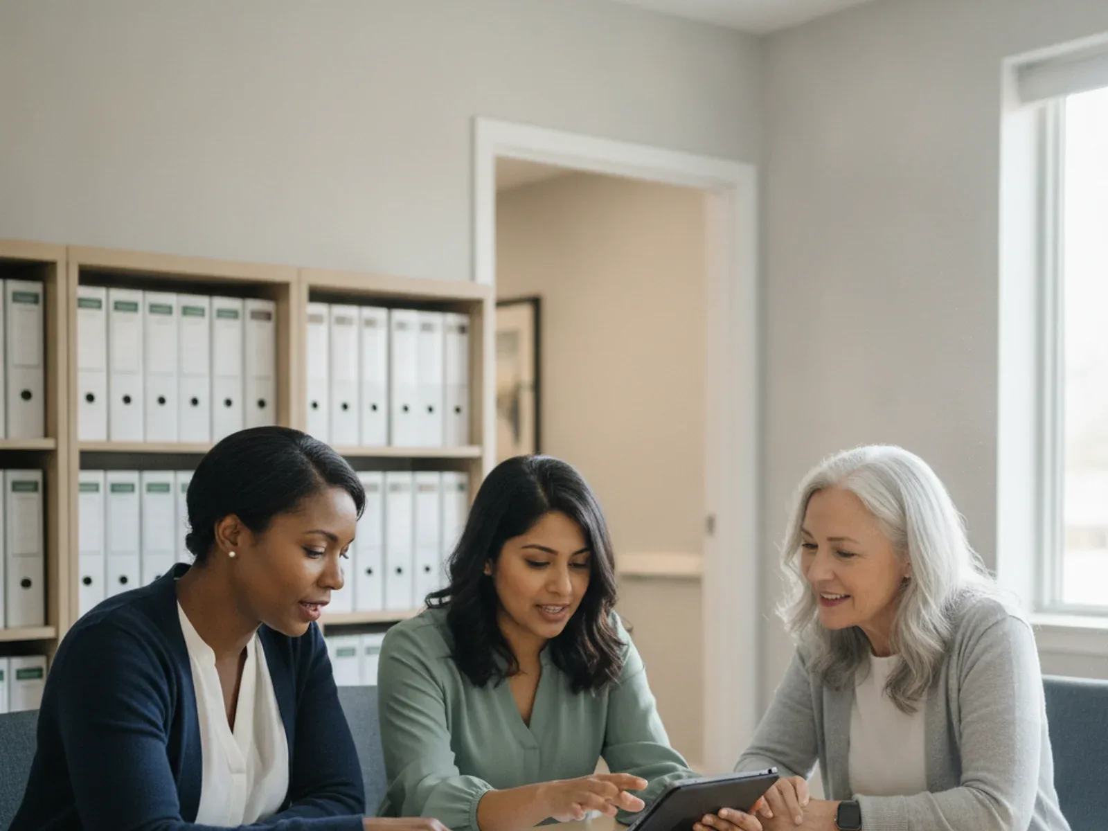 Three women from a care community team reviewing quality data on a tablet in the community office