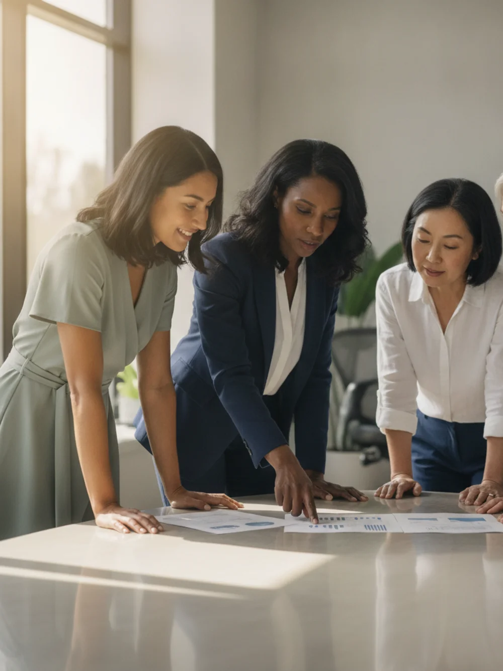 Four colleagues reviewing reports together at a conference table